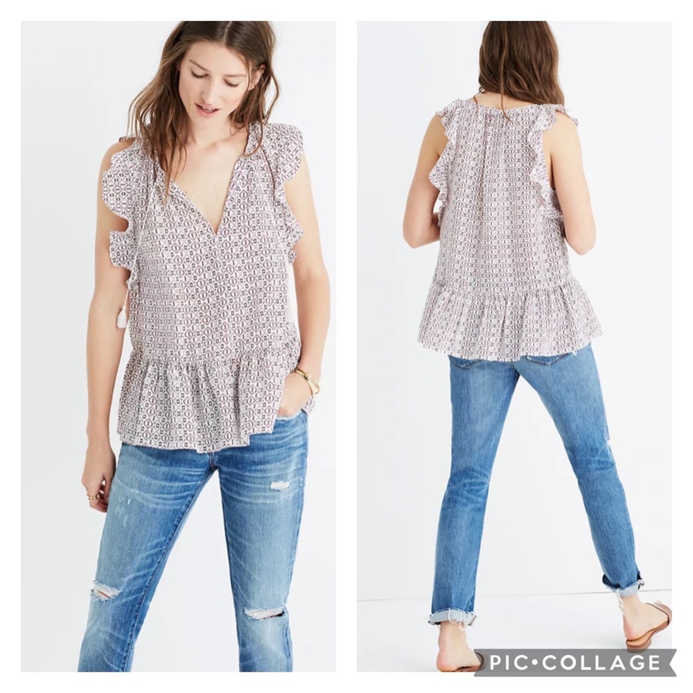 Madewell S Silk Lily Ruffle Top in Echo Grid